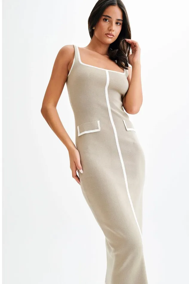 Women Meshki Dresses Eimear Contrast Knit Midi Dress 8211 Taupe and Ivory