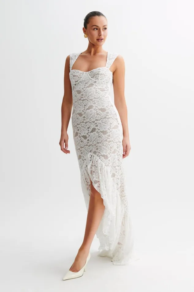 Women Meshki Dresses Elda Lace Plisse Maxi Dress 8211 Ivory