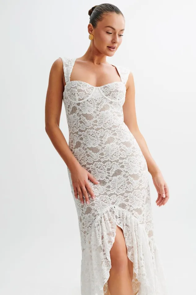 Women Meshki Dresses Elda Lace Plisse Maxi Dress 8211 Ivory