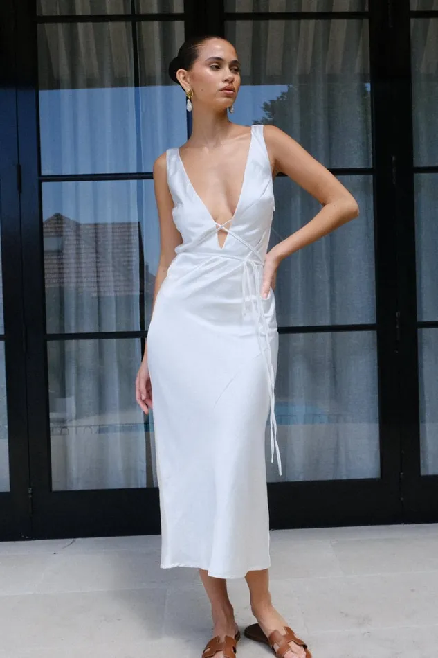 Women Meshki Dresses Elouise Tie Around Satin Midi Dress 8211 Ivory