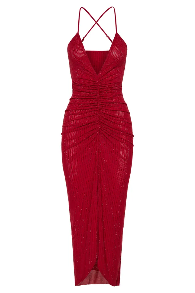 Women Meshki Dresses Emeraude Diamante Ruched Midi Dress 8211 Vermilion Red