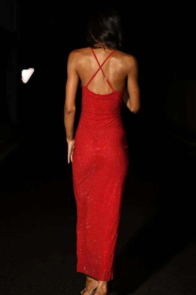Women Meshki Dresses Emeraude Diamante Ruched Midi Dress 8211 Vermilion Red