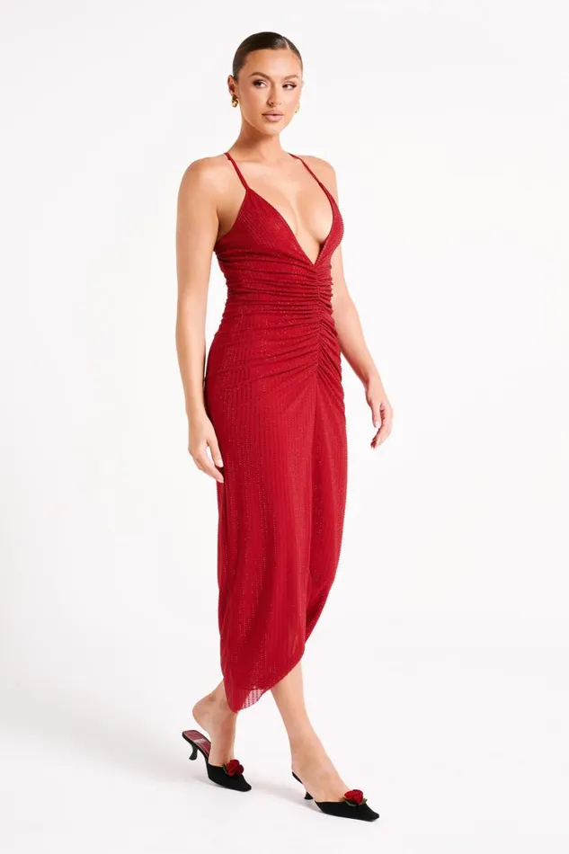 Women Meshki Dresses Emeraude Diamante Ruched Midi Dress 8211 Vermilion Red