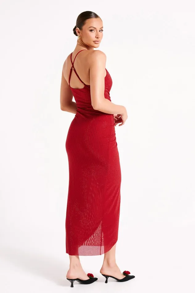 Women Meshki Dresses Emeraude Diamante Ruched Midi Dress 8211 Vermilion Red