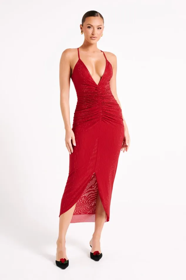 Women Meshki Dresses Emeraude Diamante Ruched Midi Dress 8211 Vermilion Red