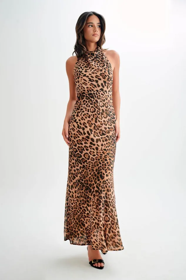 Women Meshki Dresses Estella Chiffon Cowl Maxi Dress 8211 Leopard Print