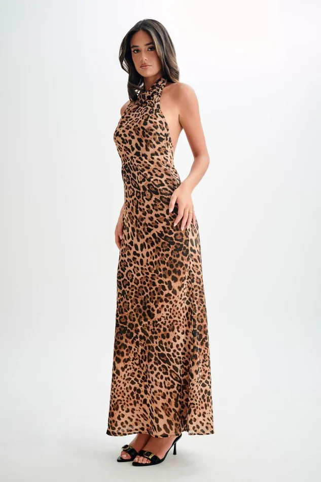 Women Meshki Dresses Estella Chiffon Cowl Maxi Dress 8211 Leopard Print