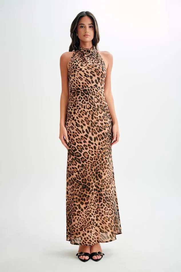 Women Meshki Dresses Estella Chiffon Cowl Maxi Dress 8211 Leopard Print