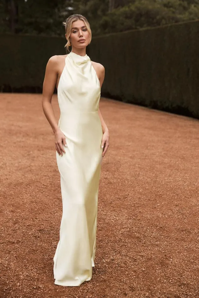 Women Meshki Dresses Esther Iridescent Satin Cowl Maxi Dress 8211 Lemon Sorbet