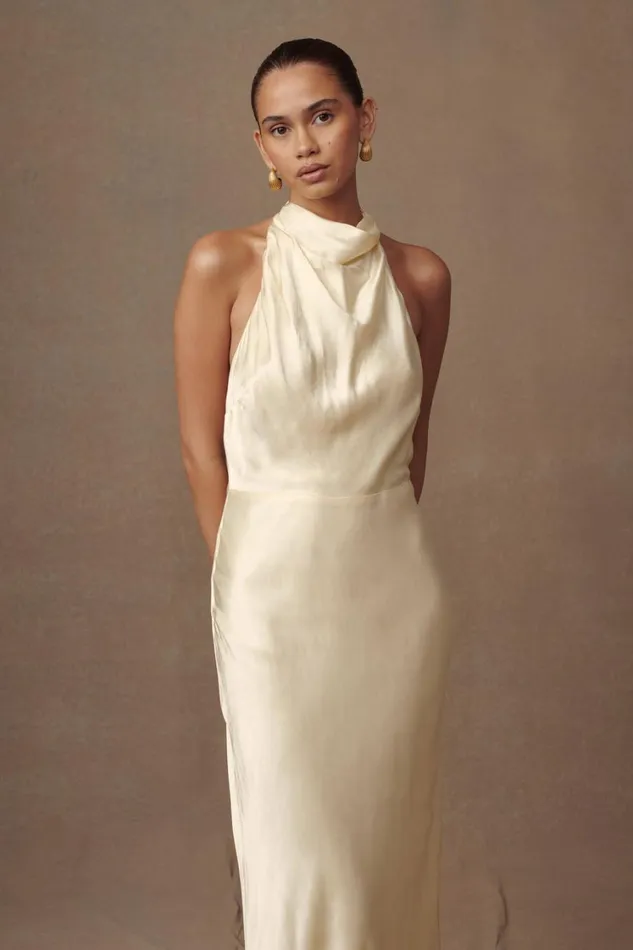 Women Meshki Dresses Esther Iridescent Satin Cowl Maxi Dress 8211 Lemon Sorbet
