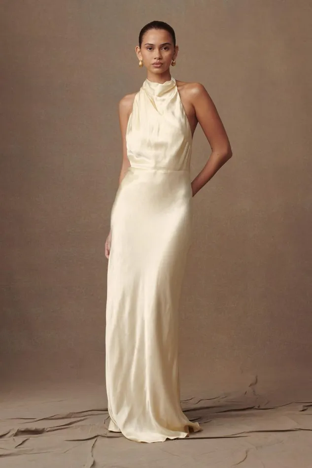 Women Meshki Dresses Esther Iridescent Satin Cowl Maxi Dress 8211 Lemon Sorbet