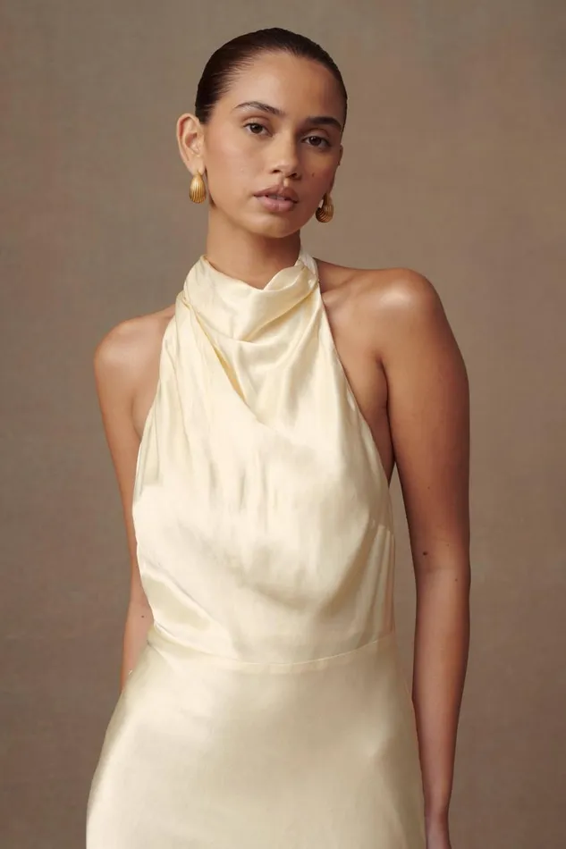 Women Meshki Dresses Esther Iridescent Satin Cowl Maxi Dress 8211 Lemon Sorbet