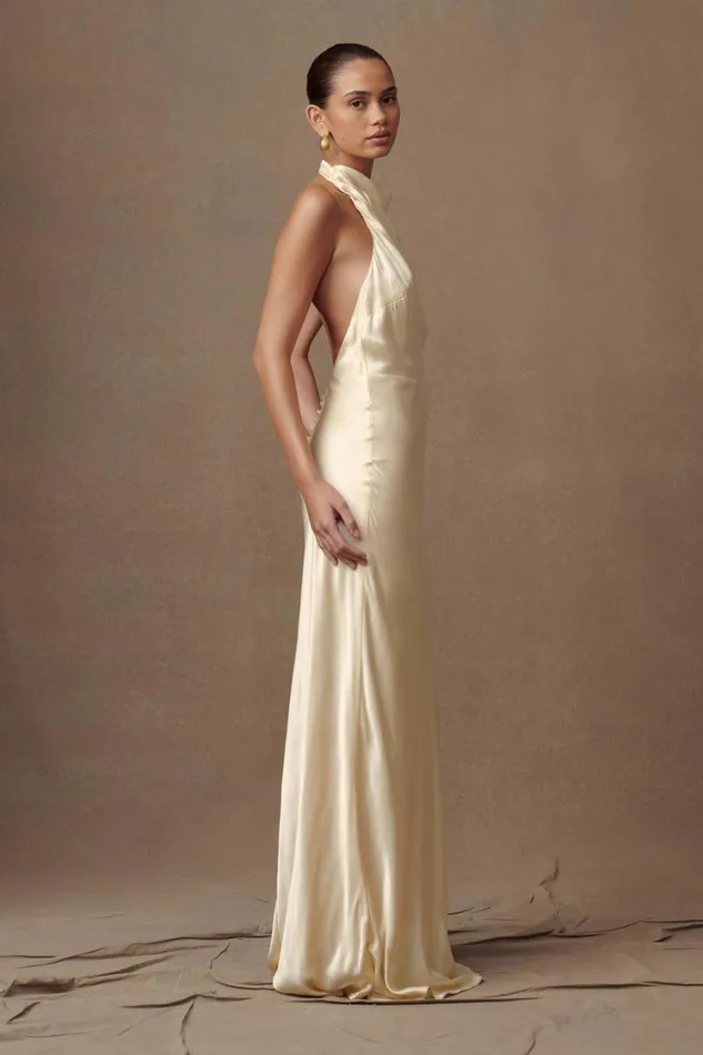 Women Meshki Dresses Esther Iridescent Satin Cowl Maxi Dress 8211 Lemon Sorbet