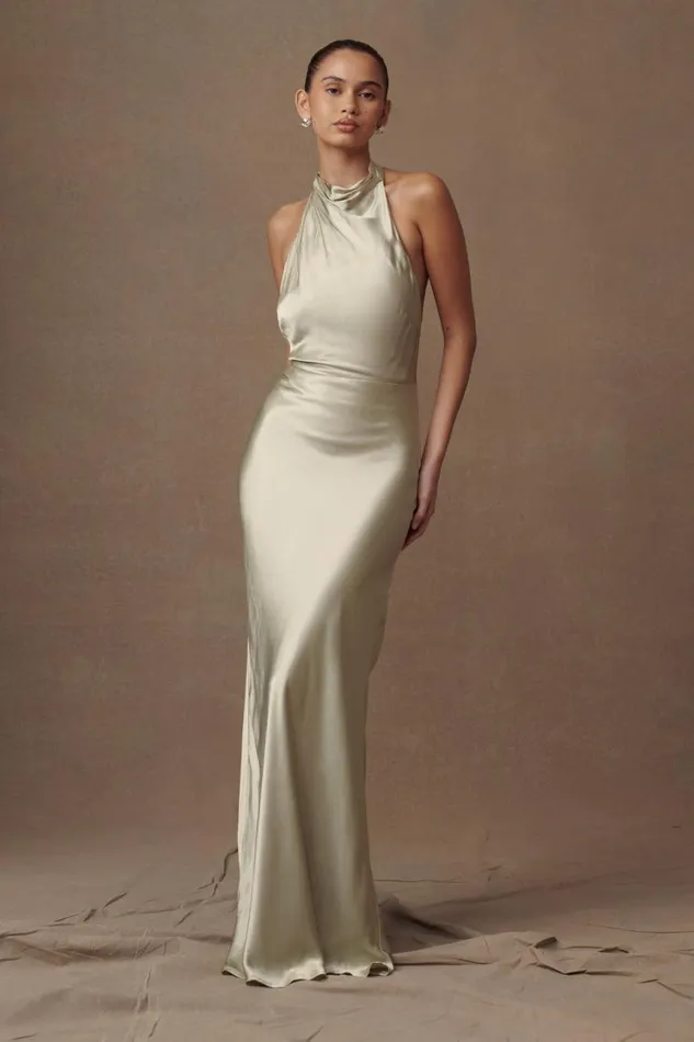 Women Meshki Dresses Esther Iridescent Satin Cowl Maxi Dress 8211 Sage