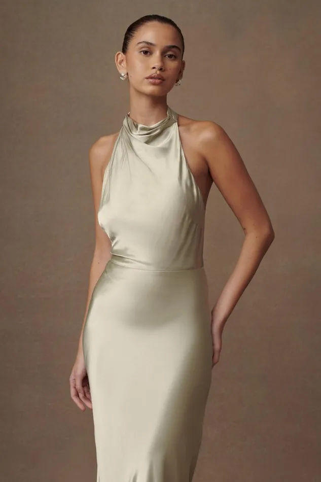 Women Meshki Dresses Esther Iridescent Satin Cowl Maxi Dress 8211 Sage