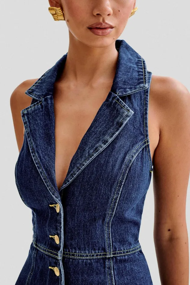Women Meshki Dresses Eugenie Collared Denim Mini Dress 8211 Dark Blue