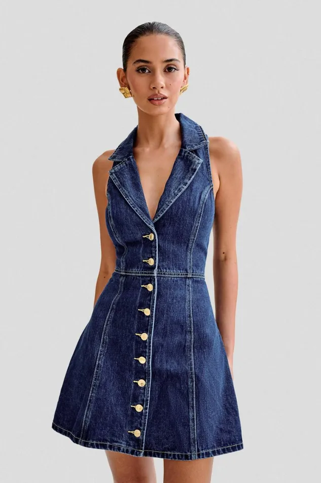 Women Meshki Dresses Eugenie Collared Denim Mini Dress 8211 Dark Blue