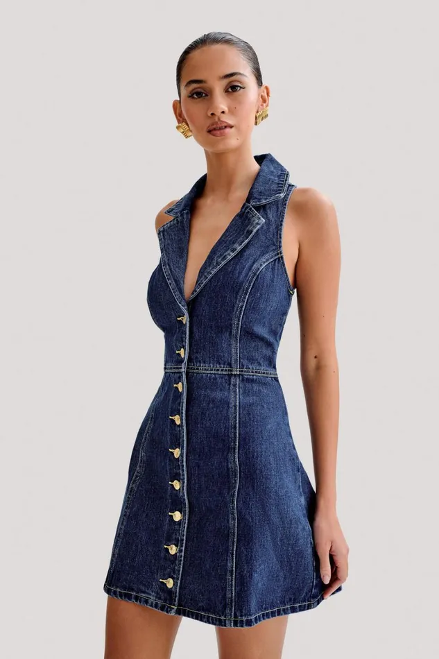 Women Meshki Dresses Eugenie Collared Denim Mini Dress 8211 Dark Blue