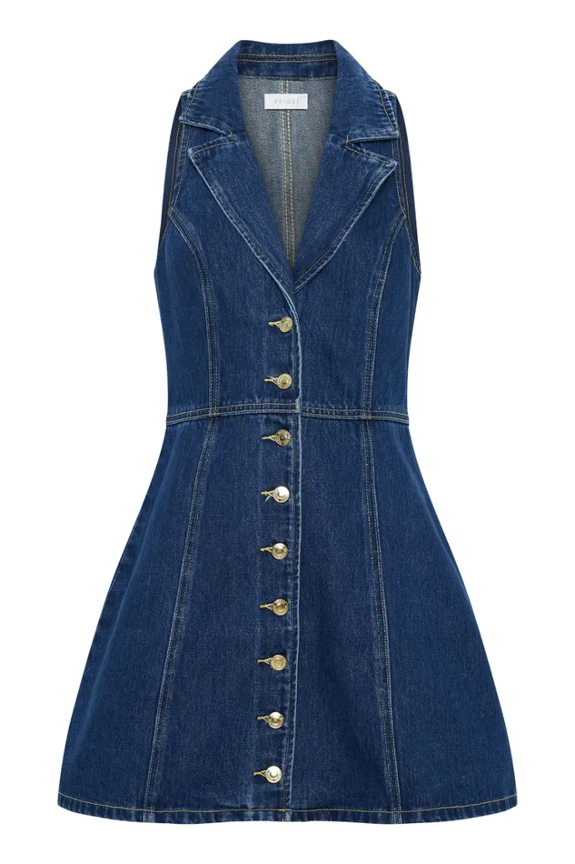 Women Meshki Dresses Eugenie Collared Denim Mini Dress 8211 Dark Blue