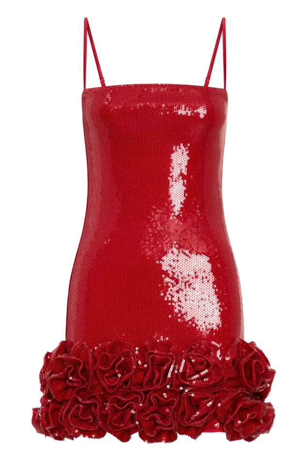 Women Meshki Dresses Faye Sequin Flower Mini Dress 8211 Ruby
