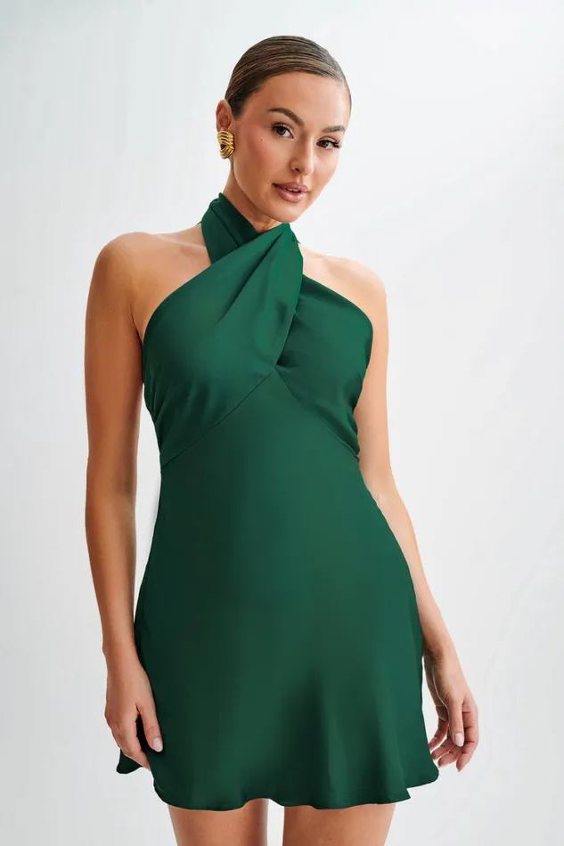 Women Meshki Dresses Francine Satin Halter Mini Dress 8211 Forest Green