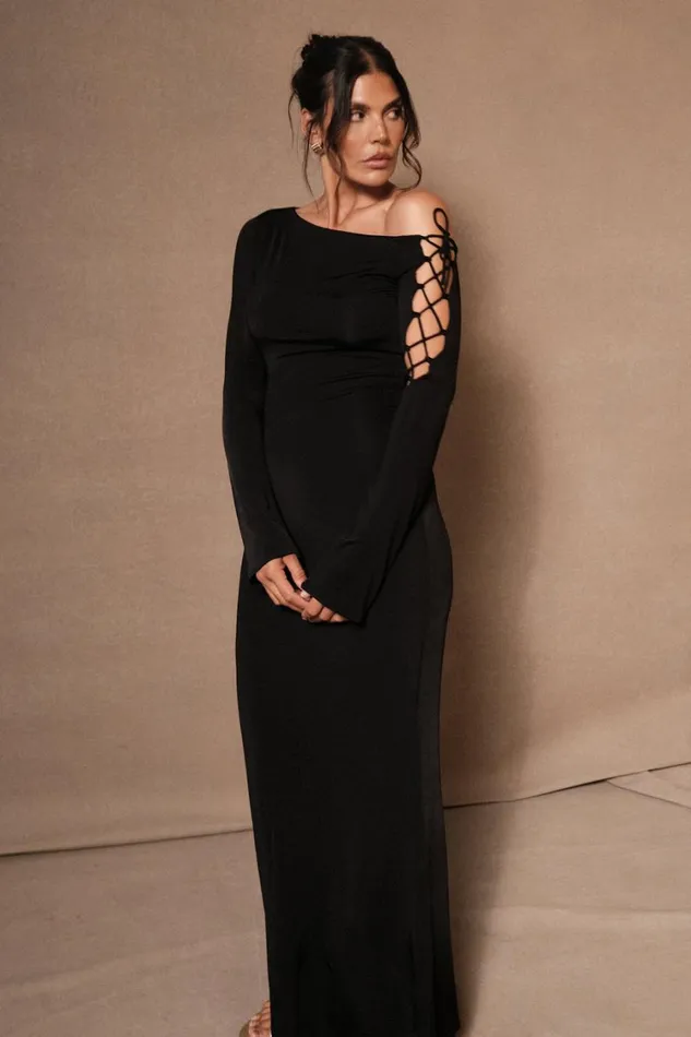 Women Meshki Dresses Gabby Tie Sleeve Slinky Maxi Dress 8211 Black