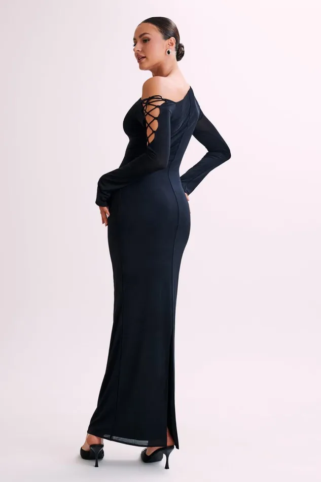 Women Meshki Dresses Gabby Tie Sleeve Slinky Maxi Dress 8211 Black