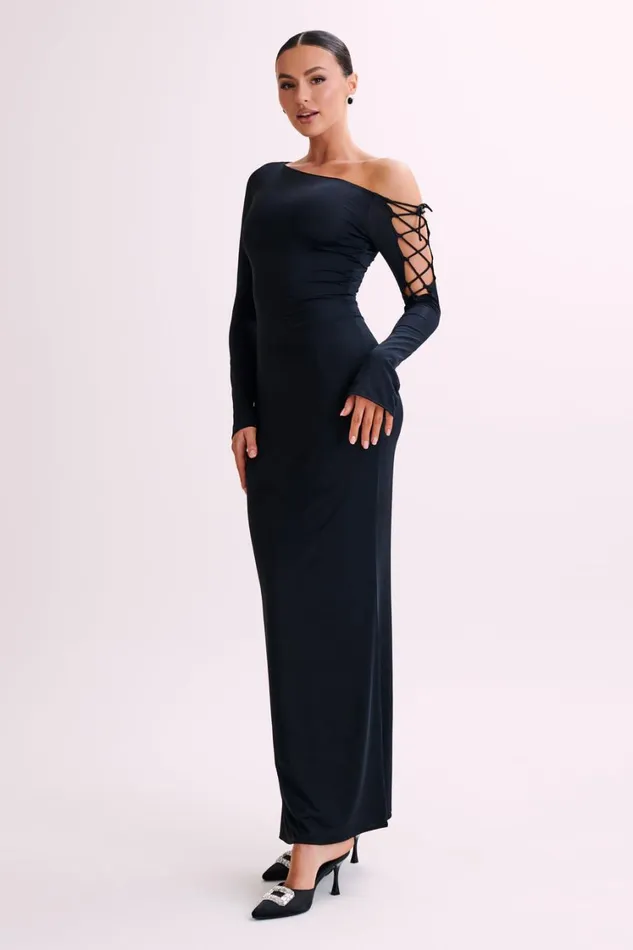 Women Meshki Dresses Gabby Tie Sleeve Slinky Maxi Dress 8211 Black
