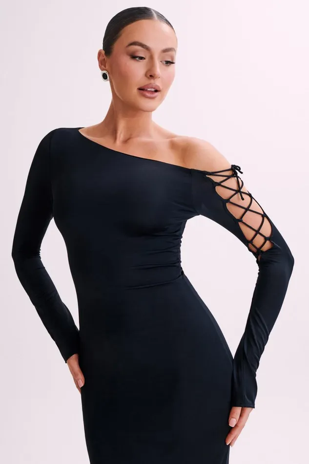 Women Meshki Dresses Gabby Tie Sleeve Slinky Maxi Dress 8211 Black