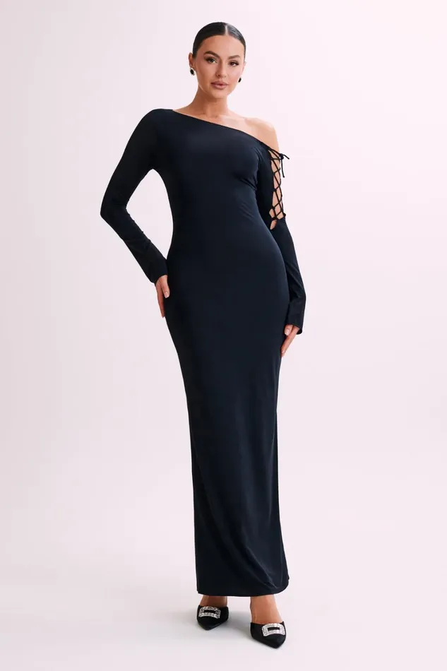 Women Meshki Dresses Gabby Tie Sleeve Slinky Maxi Dress 8211 Black