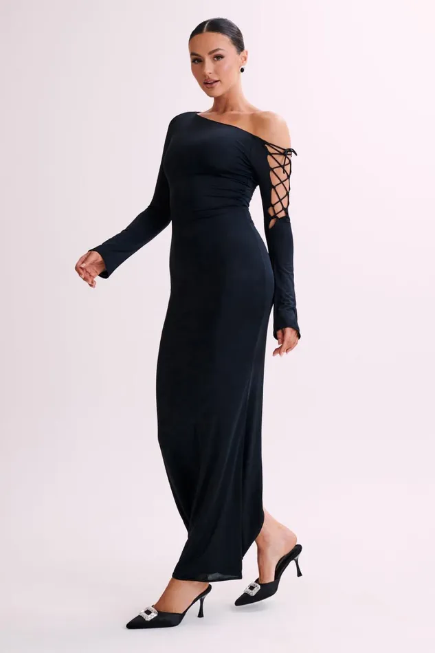 Women Meshki Dresses Gabby Tie Sleeve Slinky Maxi Dress 8211 Black