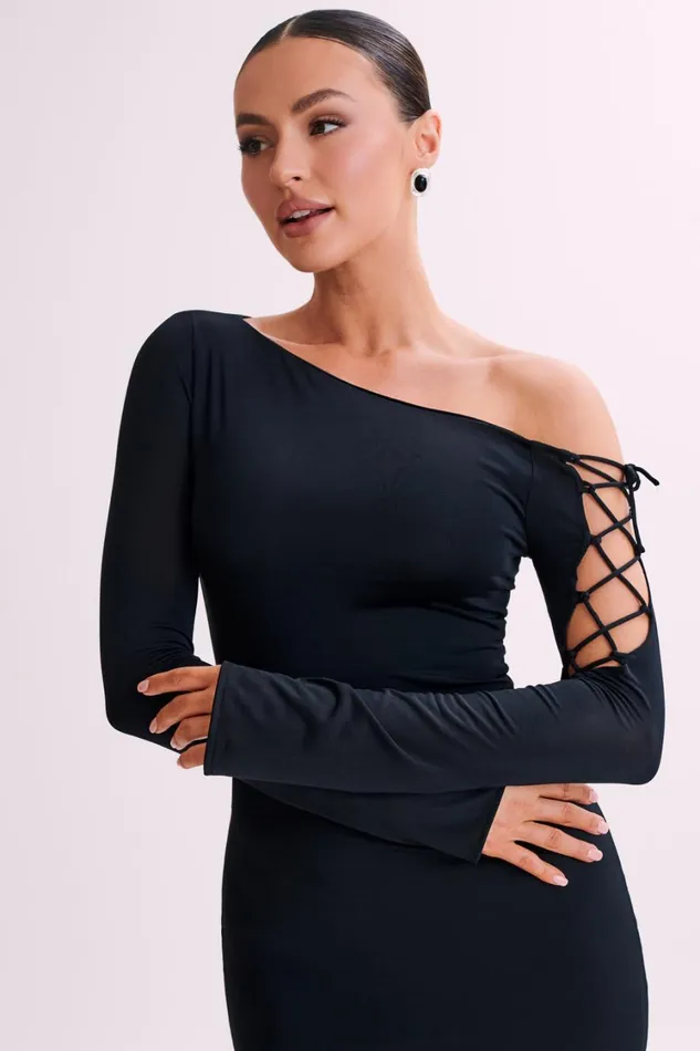 Women Meshki Dresses Gabby Tie Sleeve Slinky Maxi Dress 8211 Black