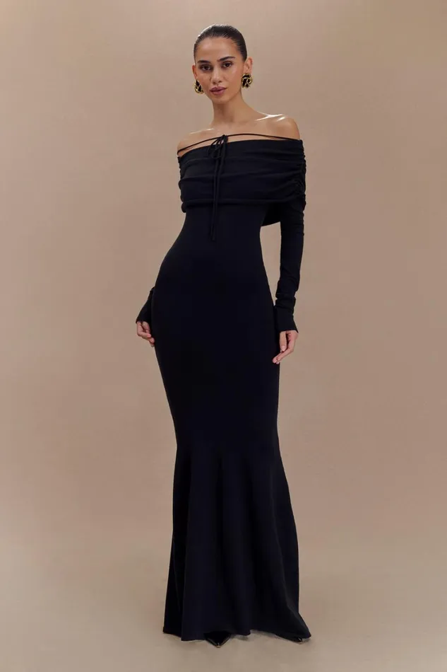 Women Meshki Dresses Georgiana Off Shoulder Knit Midi Dress 8211 Black