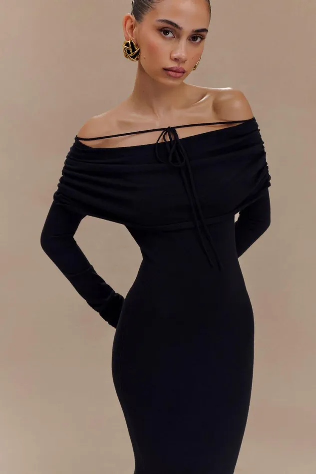 Women Meshki Dresses Georgiana Off Shoulder Knit Midi Dress 8211 Black