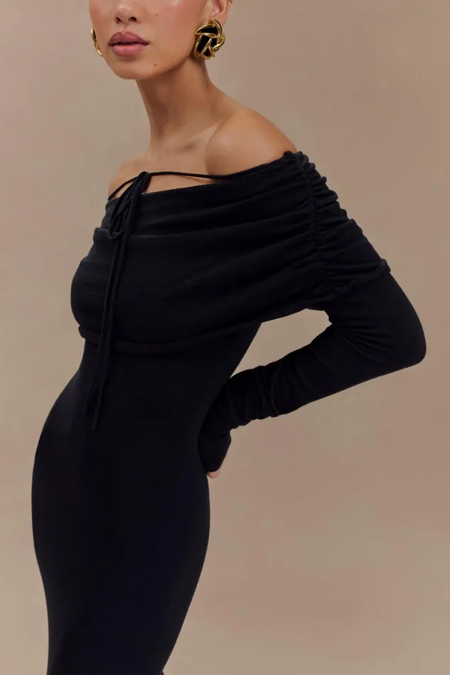 Women Meshki Dresses Georgiana Off Shoulder Knit Midi Dress 8211 Black