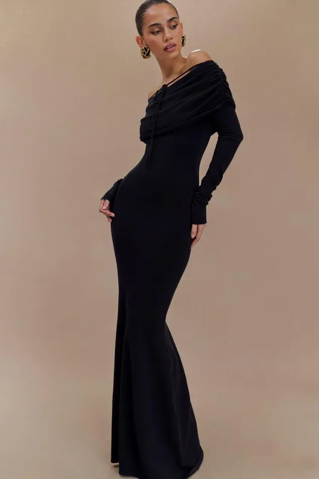 Women Meshki Dresses Georgiana Off Shoulder Knit Midi Dress 8211 Black