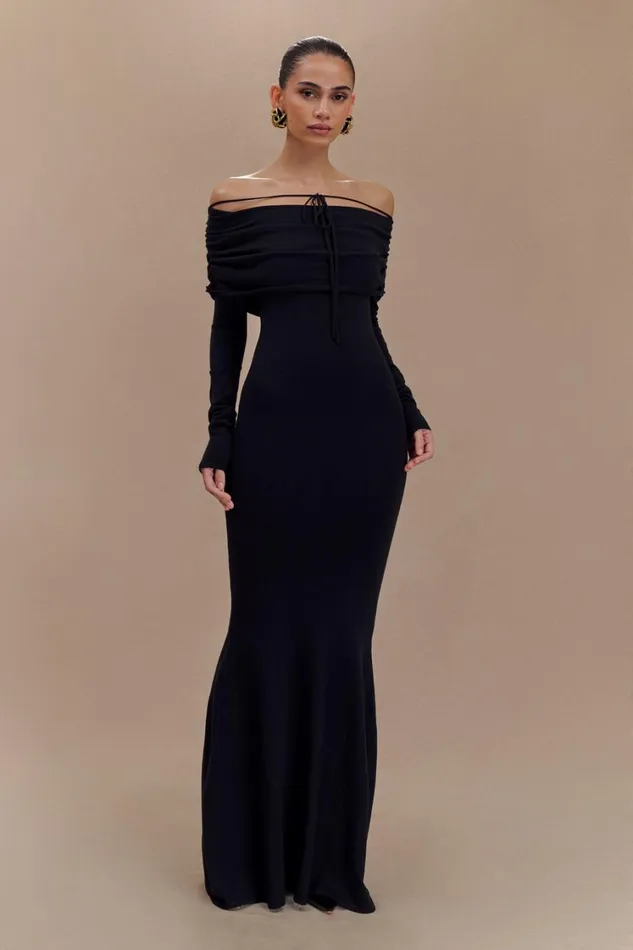 Women Meshki Dresses Georgiana Off Shoulder Knit Midi Dress 8211 Black