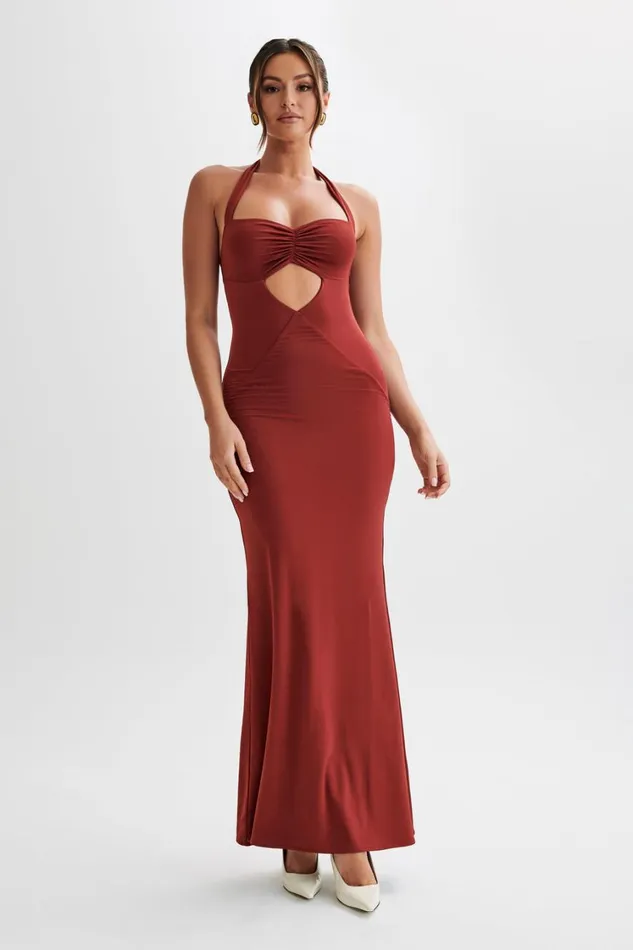 Women Meshki Dresses Ginevra Slinky Halter Maxi Dress 8211 Cherry Red