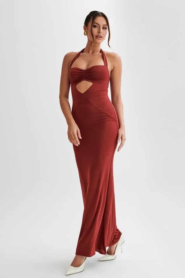 Women Meshki Dresses Ginevra Slinky Halter Maxi Dress 8211 Cherry Red