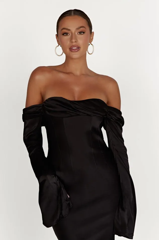 Women Meshki Dresses Giselle Off Shoulder Cowl Neck Maxi Dress 8211 Black