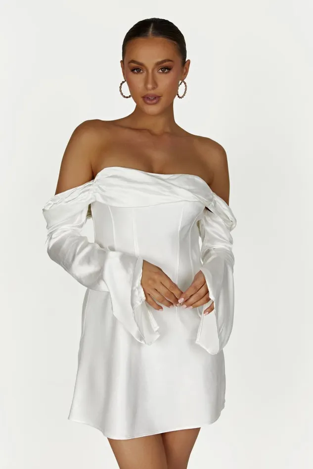 Women Meshki Dresses Giselle Off Shoulder Satin Mini Dress 8211 White
