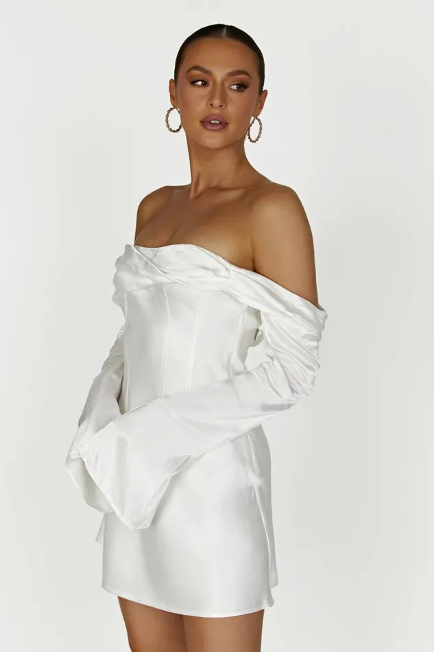 Women Meshki Dresses Giselle Off Shoulder Satin Mini Dress 8211 White
