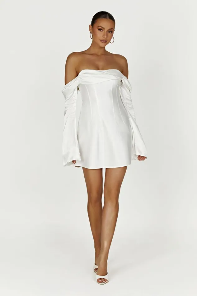 Women Meshki Dresses Giselle Off Shoulder Satin Mini Dress 8211 White