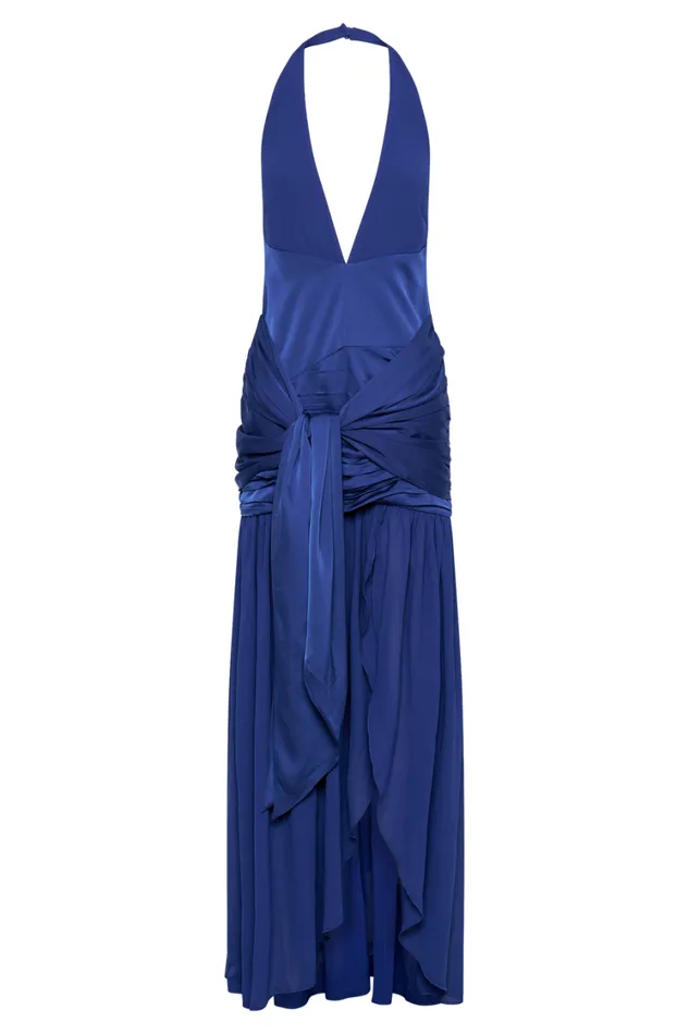 Women Meshki Dresses Graziana Satin Chiffon Plunge Maxi Dress 8211 Cobalt Blue