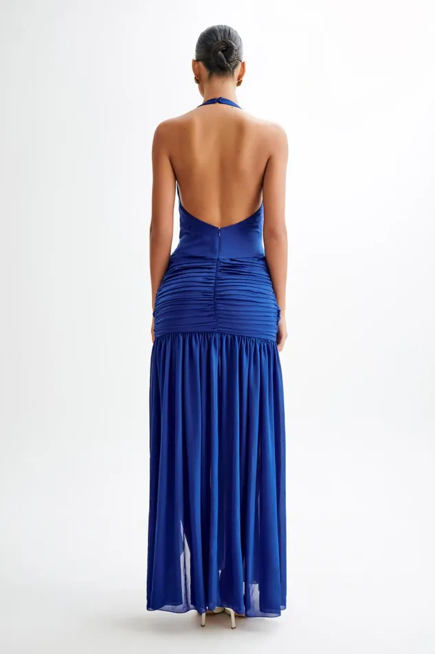 Women Meshki Dresses Graziana Satin Chiffon Plunge Maxi Dress 8211 Cobalt Blue