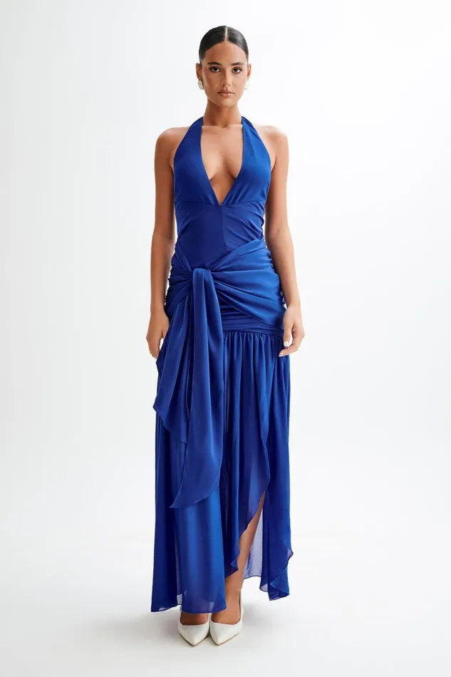 Women Meshki Dresses Graziana Satin Chiffon Plunge Maxi Dress 8211 Cobalt Blue