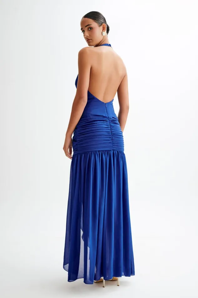 Women Meshki Dresses Graziana Satin Chiffon Plunge Maxi Dress 8211 Cobalt Blue