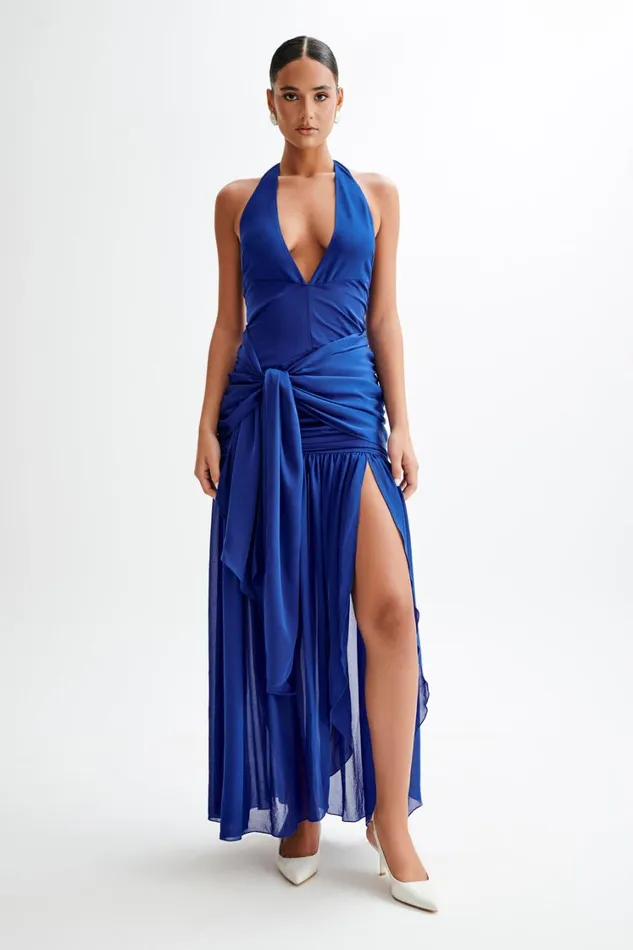 Women Meshki Dresses Graziana Satin Chiffon Plunge Maxi Dress 8211 Cobalt Blue