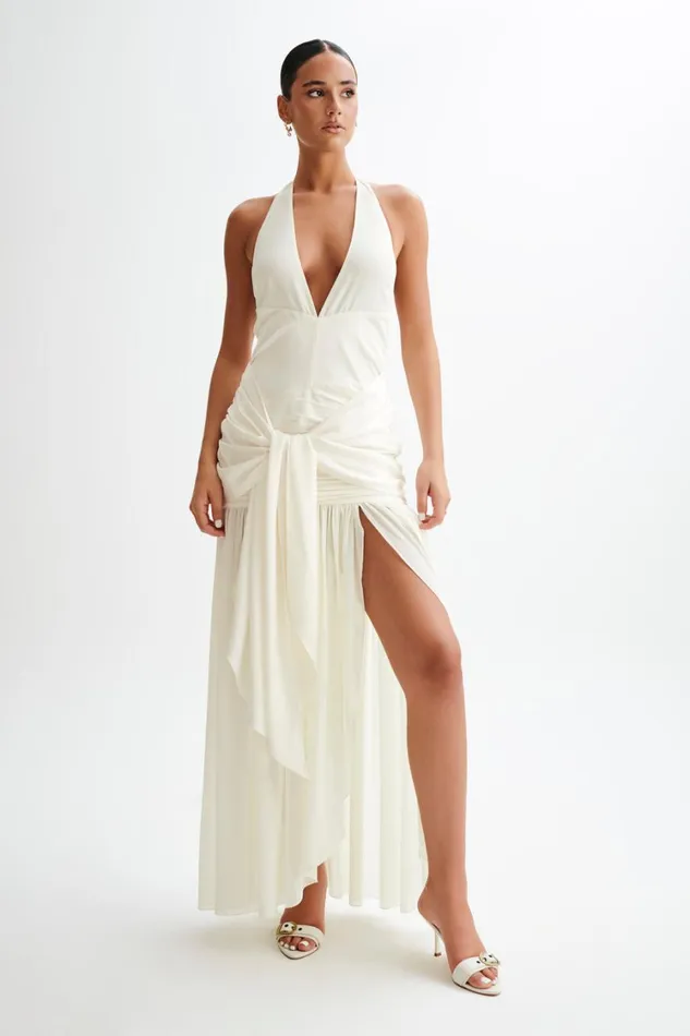 Women Meshki Dresses Graziana Satin Chiffon Plunge Maxi Dress 8211 Ivory