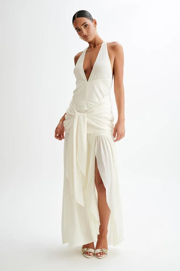 Women Meshki Dresses Graziana Satin Chiffon Plunge Maxi Dress 8211 Ivory